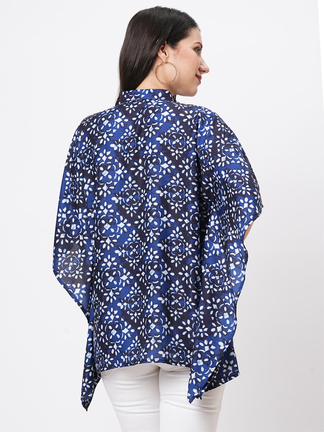Kaftan Shirt With Front Button Placket In Blue Print