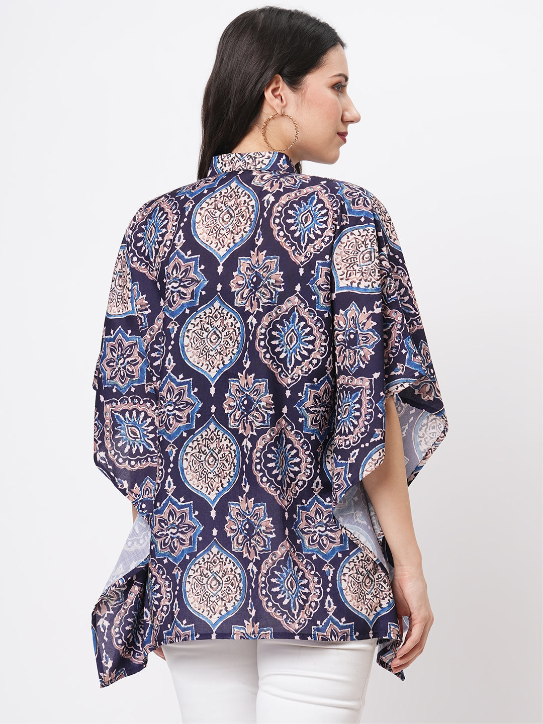 Kaftan Shirt With Front Button Placket In Indigo Print