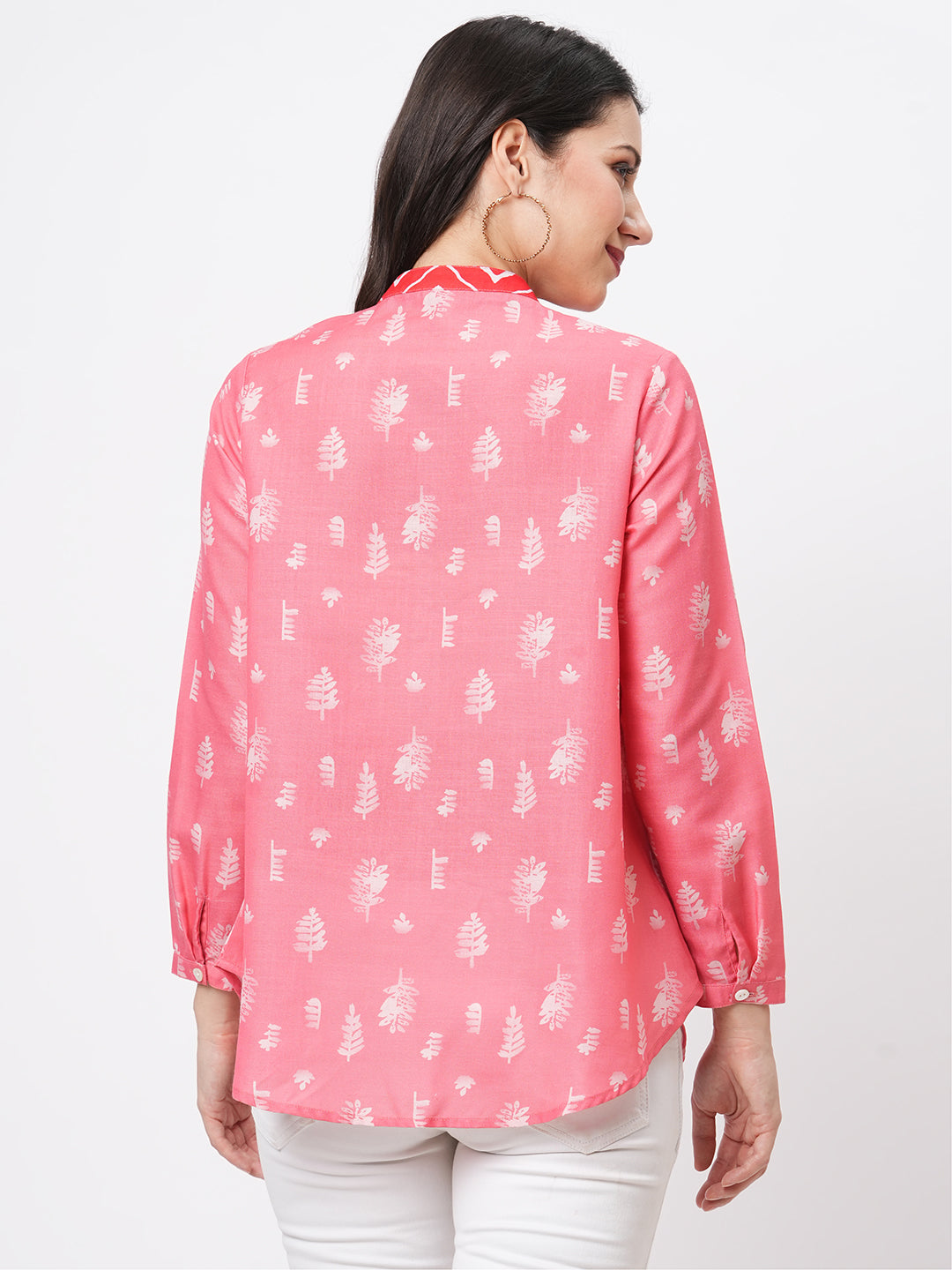 Featuring A Collared Multi Print Peach Shirt With A Long Yoke And Button Down Placket Front.