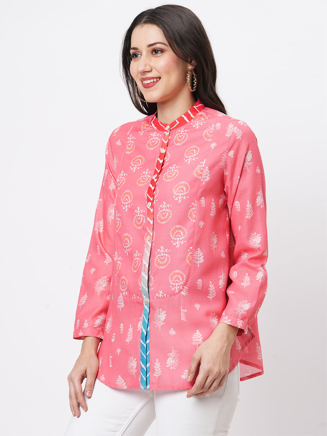 Featuring A Collared Multi Print Peach Shirt With A Long Yoke And Button Down Placket Front.