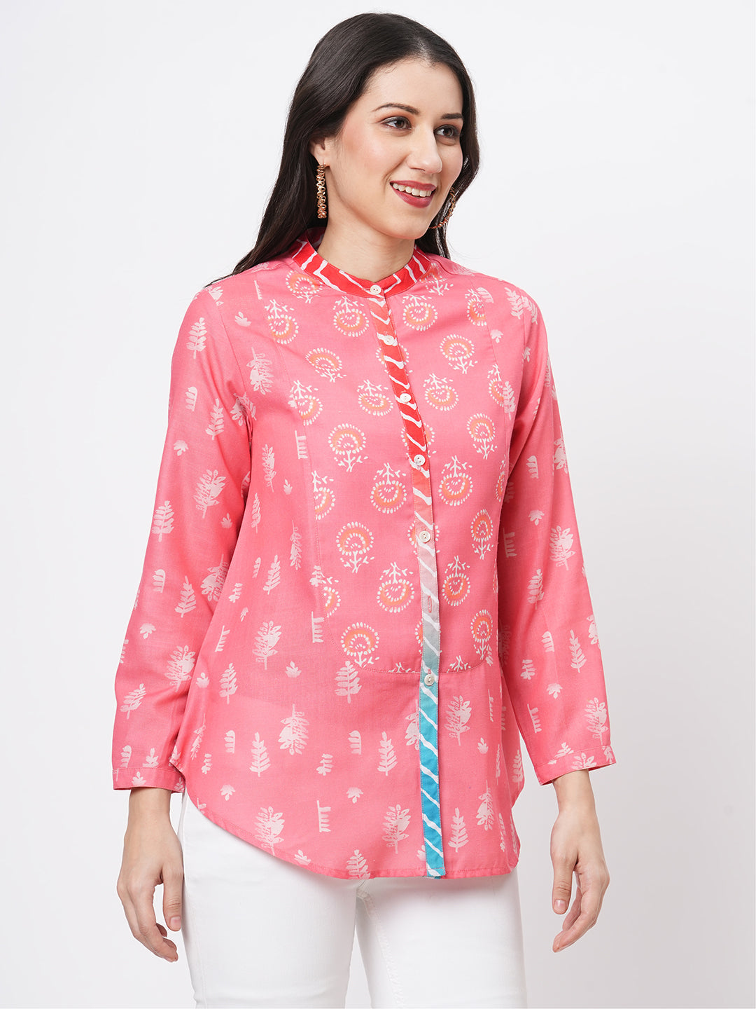 Featuring A Collared Multi Print Peach Shirt With A Long Yoke And Button Down Placket Front.