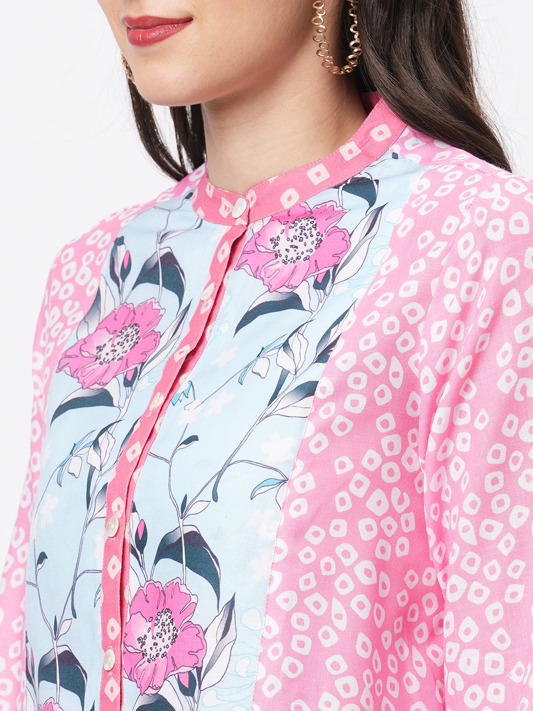 Featuring A Collared Multi Print Pink Shirt With A Long Yoke And Button Down Placket Front.