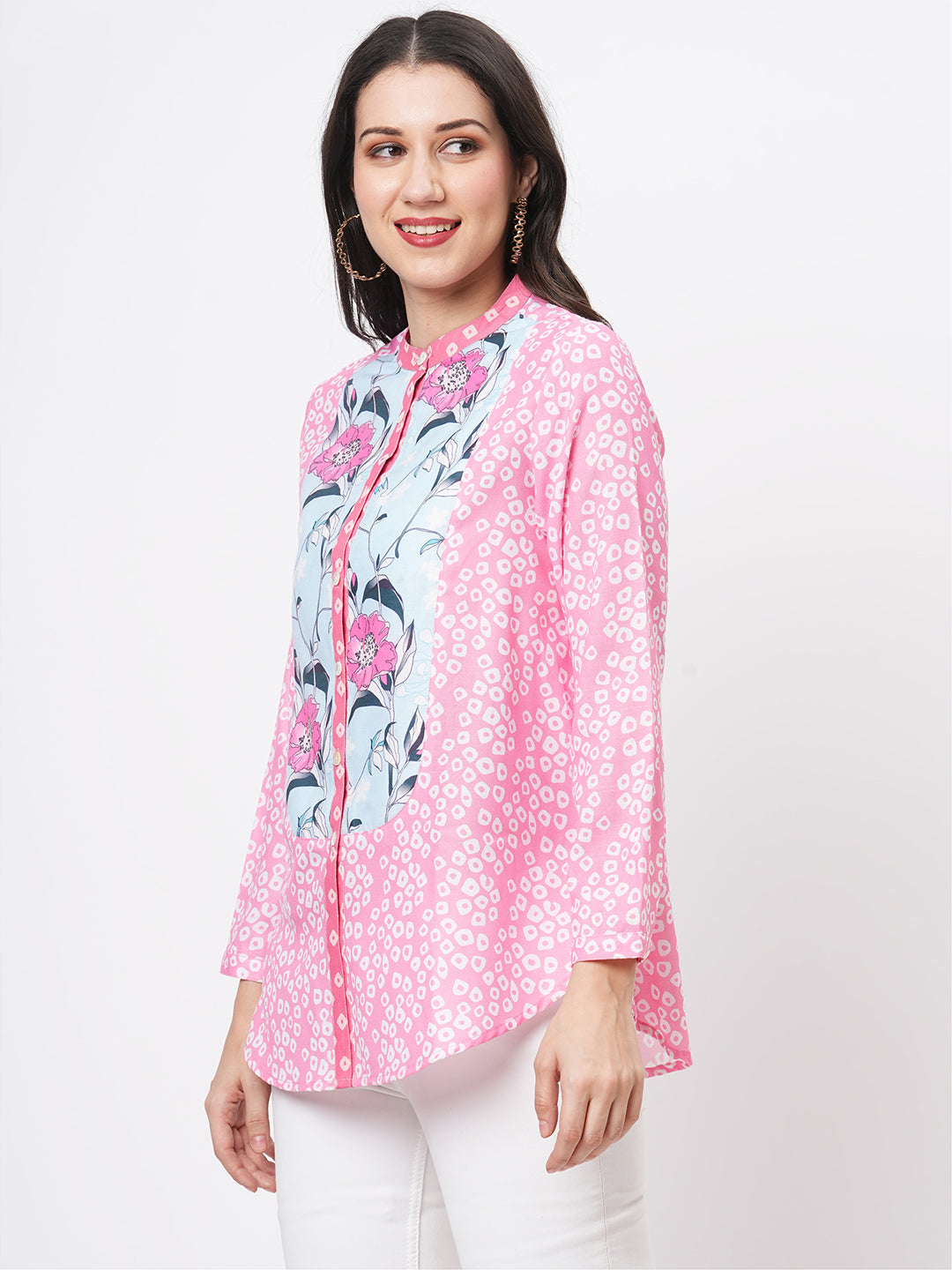 Featuring A Collared Multi Print Pink Shirt With A Long Yoke And Button Down Placket Front.