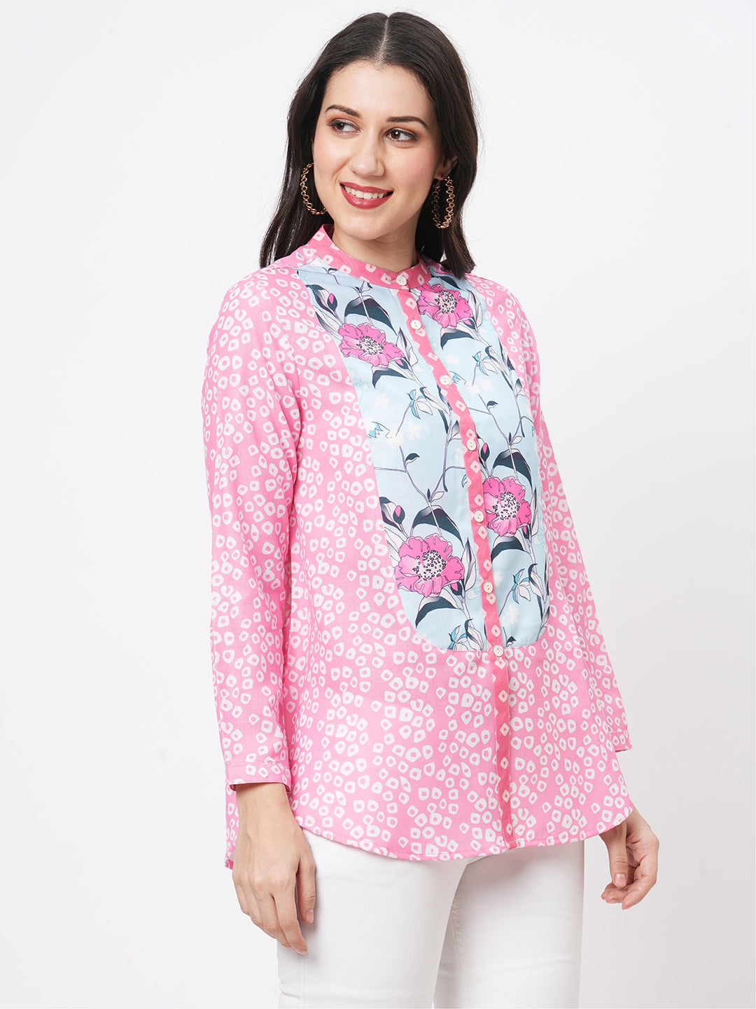 Featuring A Collared Multi Print Pink Shirt With A Long Yoke And Button Down Placket Front.