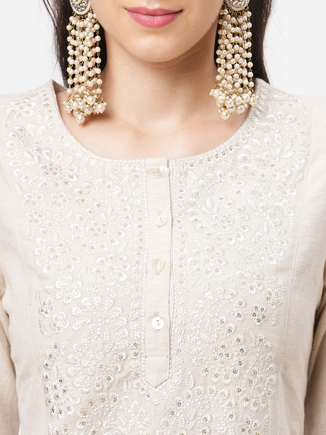 Kurta With Yoke Chikankari Embroidery In Natural Color