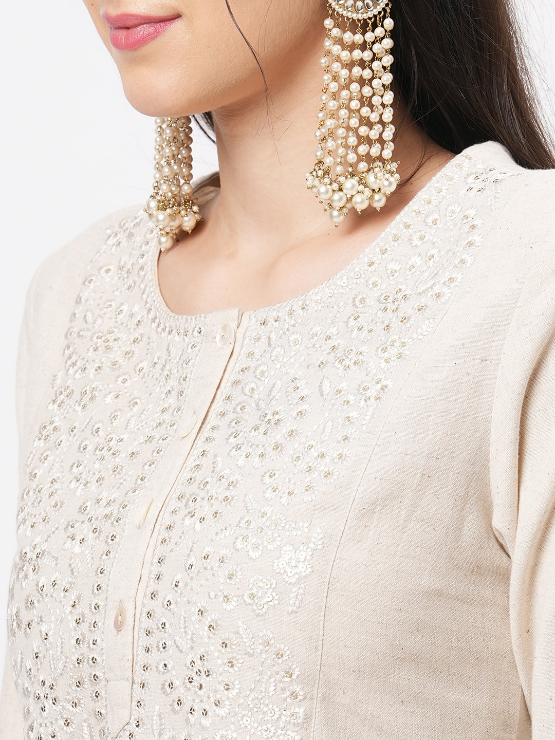 Kurta With Yoke Chikankari Embroidery In Natural Color