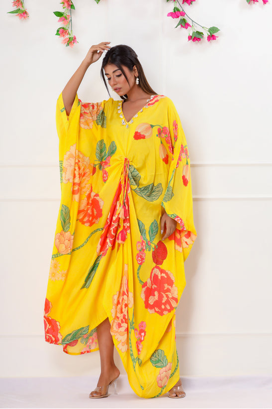 Yellow Floral Print Kaftan