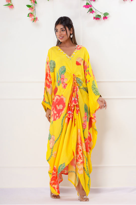 Yellow Floral Print Kaftan