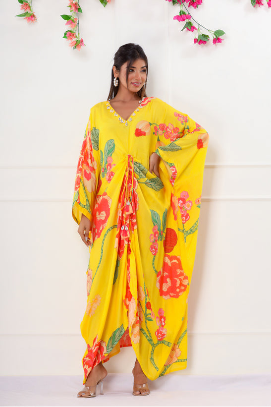 Yellow Floral Print Kaftan