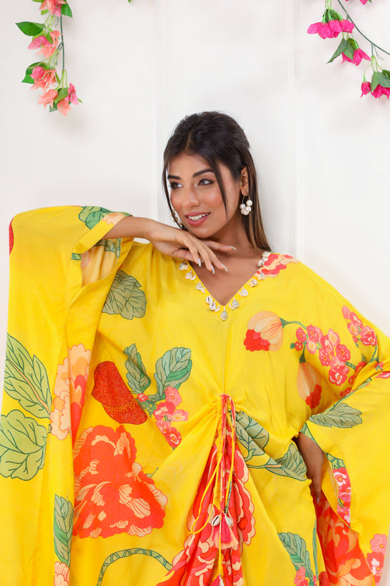 Yellow Floral Print Kaftan