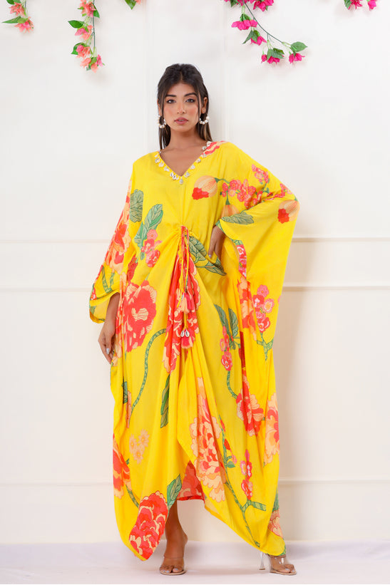 Yellow Floral Print Kaftan