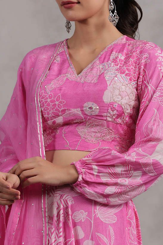 Pink Floral Print Women Lehenga Set