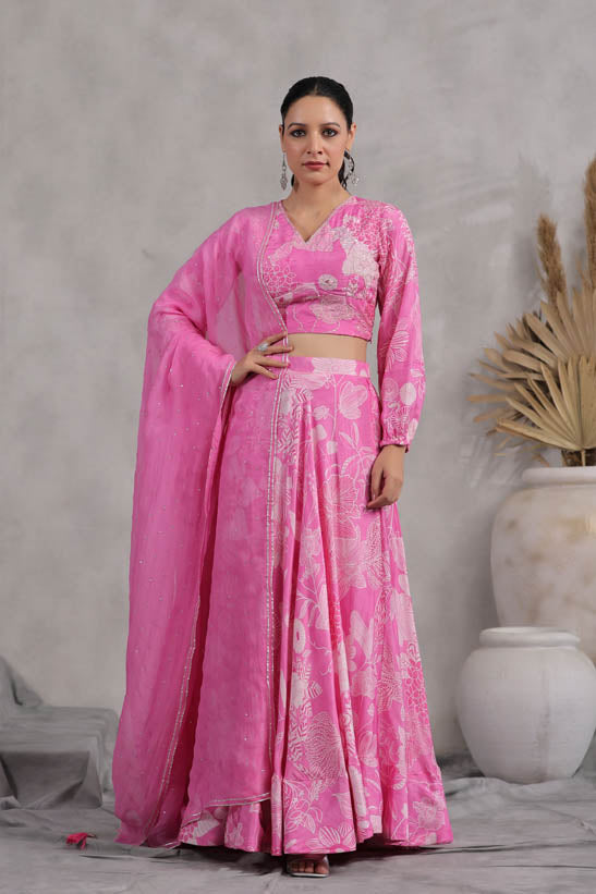 Pink Floral Print Women Lehenga Set