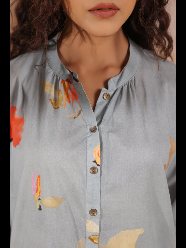 Grey Floral Print Women Kurta Set