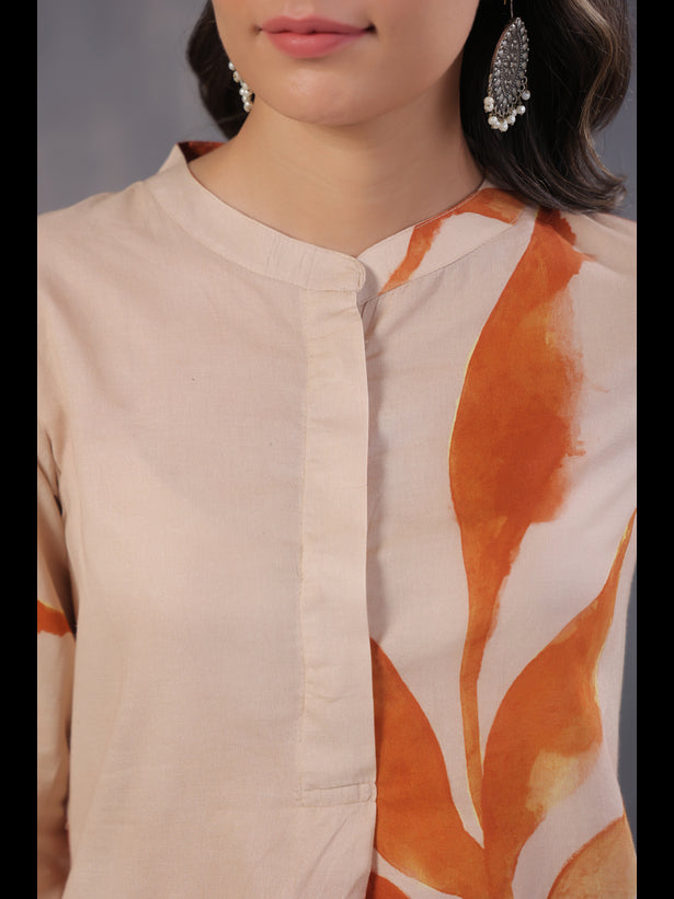 Cream Artsy Print Women High-Low Kurta Set
