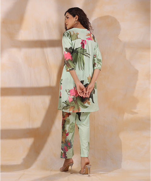 Sea Green Floral Print Women Short Kurta Set