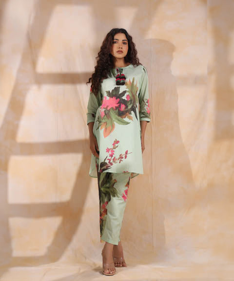 Sea Green Floral Print Women Short Kurta Set