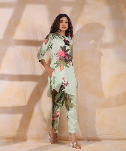 Sea Green Floral Print Women Short Kurta Set