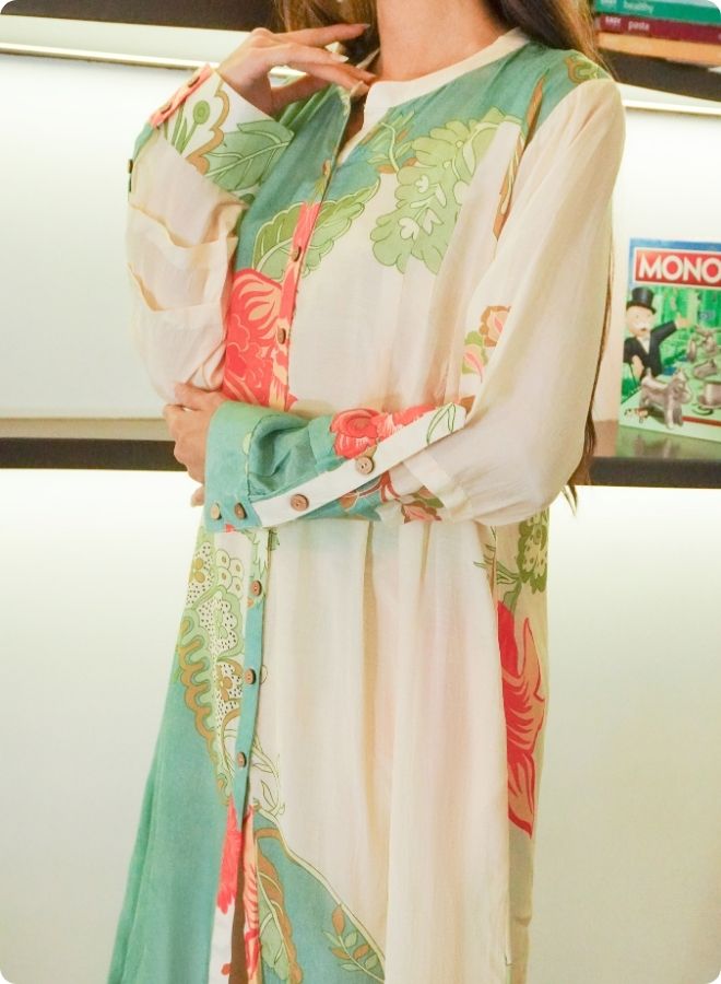Cream & Green Floral Printed Kurta Set