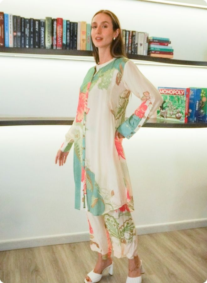 Cream & Green Floral Printed Kurta Set