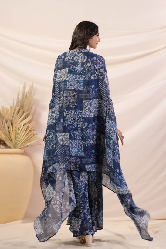 Blue Floral Print Women Cape Set