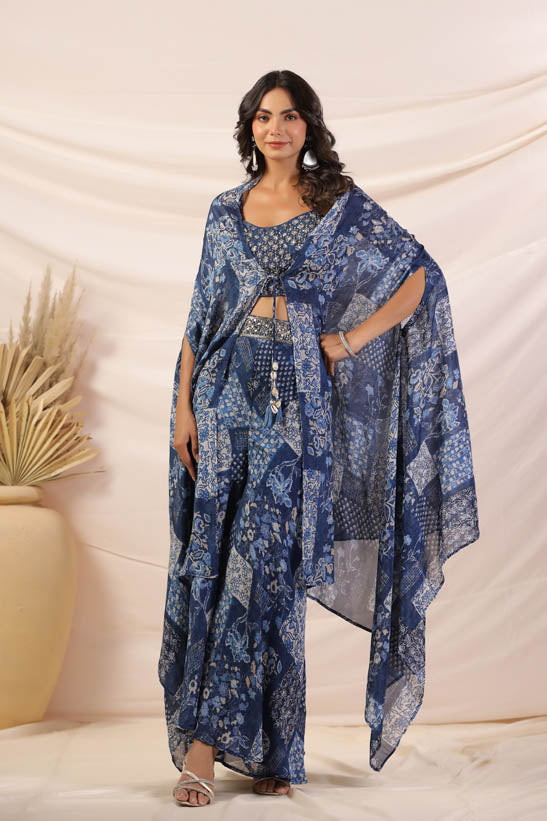 Blue Floral Print Women Cape Set