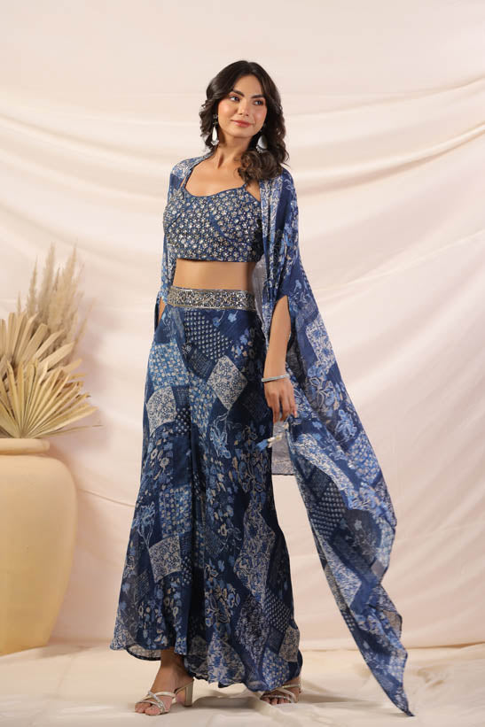 Blue Floral Print Women Cape Set