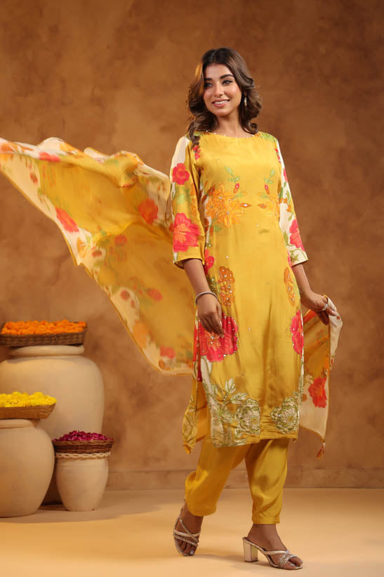 Mustard Floral Print Women Kurta Set