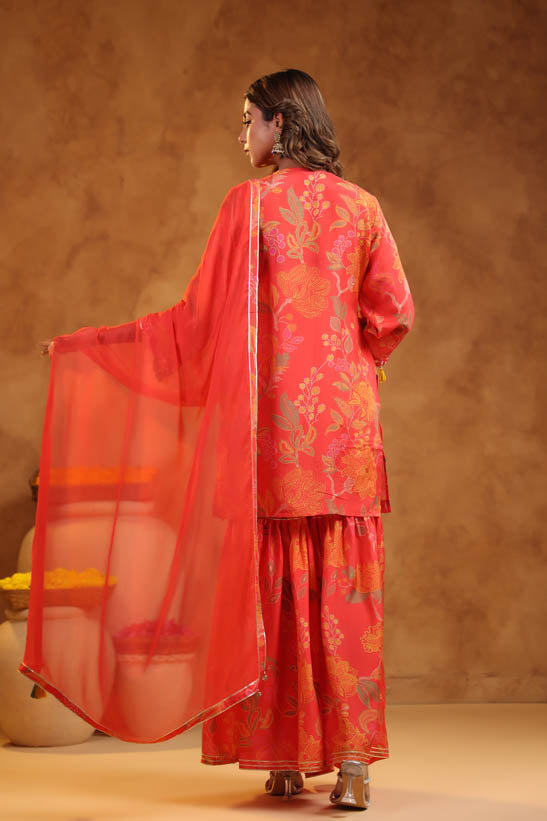 Peach Floral Pint Women Sharara Set