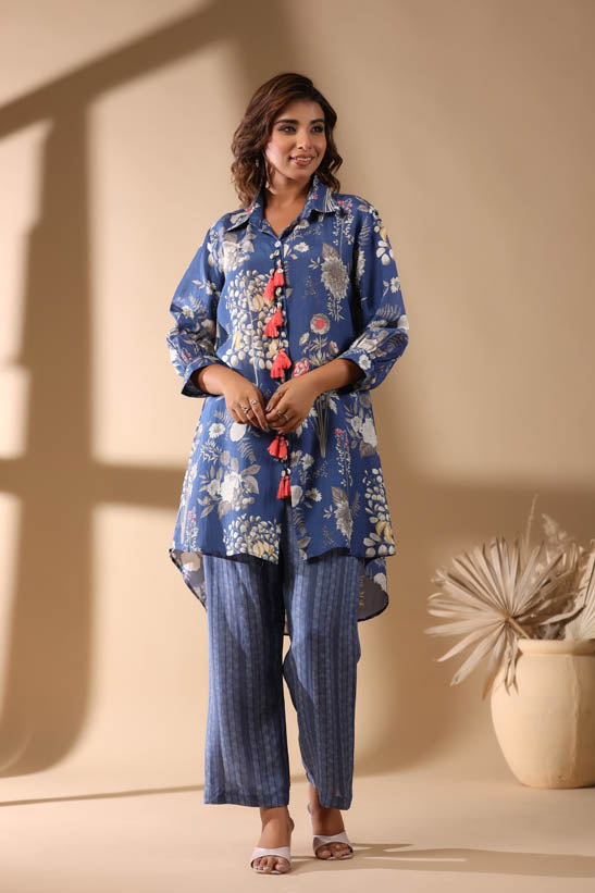 Blue Floral Print High-Low Women Co-Ord Set