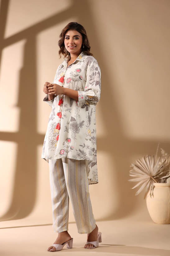Cream Floral Print High-Low Women Co-Ord Set