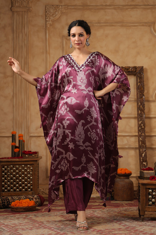 Wine Printed Kaftan Set