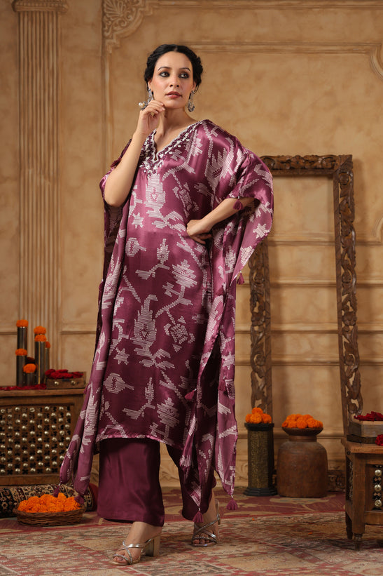 Wine Printed Kaftan Set
