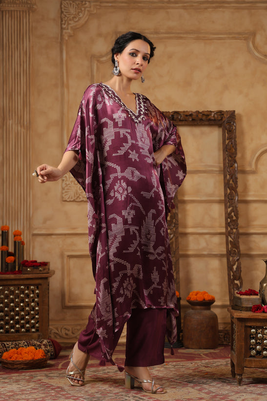 Wine Printed Kaftan Set
