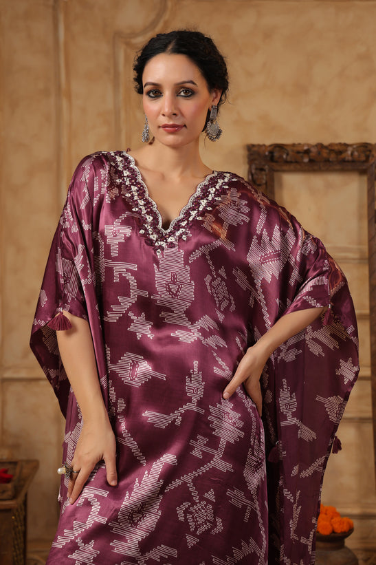 Wine Printed Kaftan Set