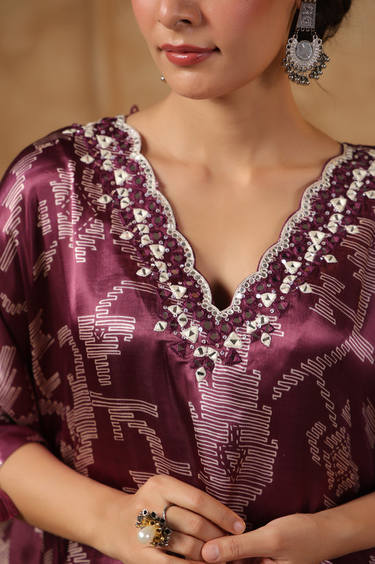 Wine Printed Kaftan Set