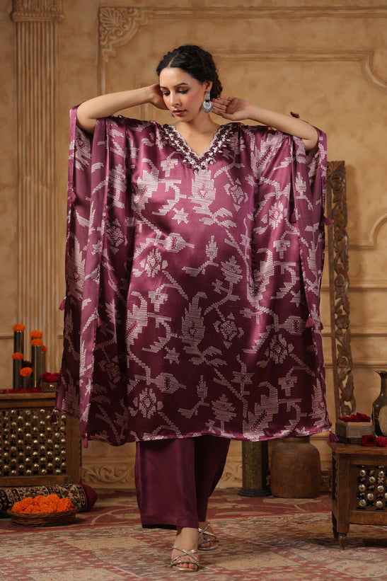 Wine Printed Kaftan Set