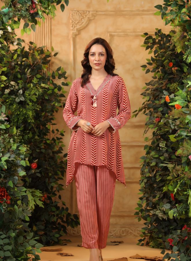 Maroon Chevron Print Tunic and Pants Set