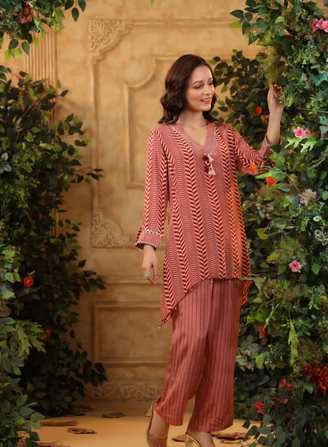 Maroon Chevron Print Tunic and Pants Set