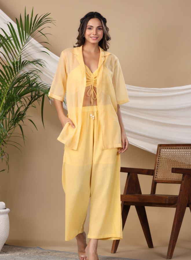 Lemon Yellow Sheer Co-ord Set with Ruched Top