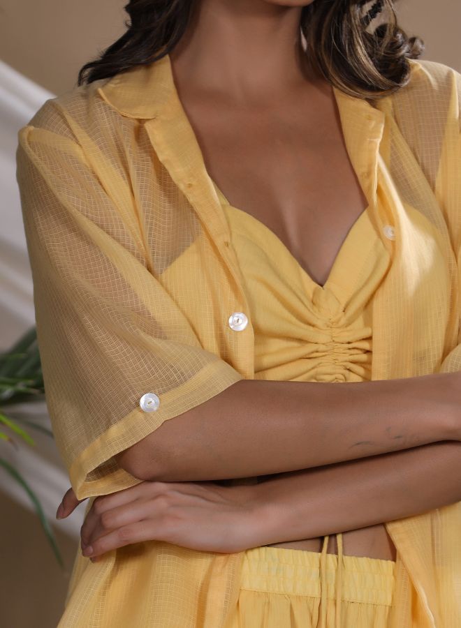 Lemon Yellow Sheer Co-ord Set with Ruched Top