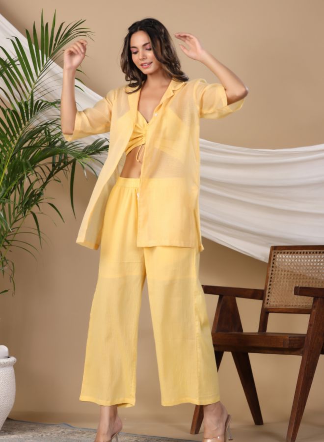 Lemon Yellow Sheer Co-ord Set with Ruched Top