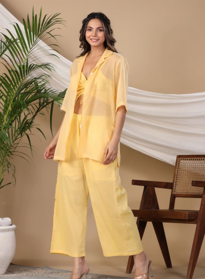 Lemon Yellow Sheer Co-ord Set with Ruched Top
