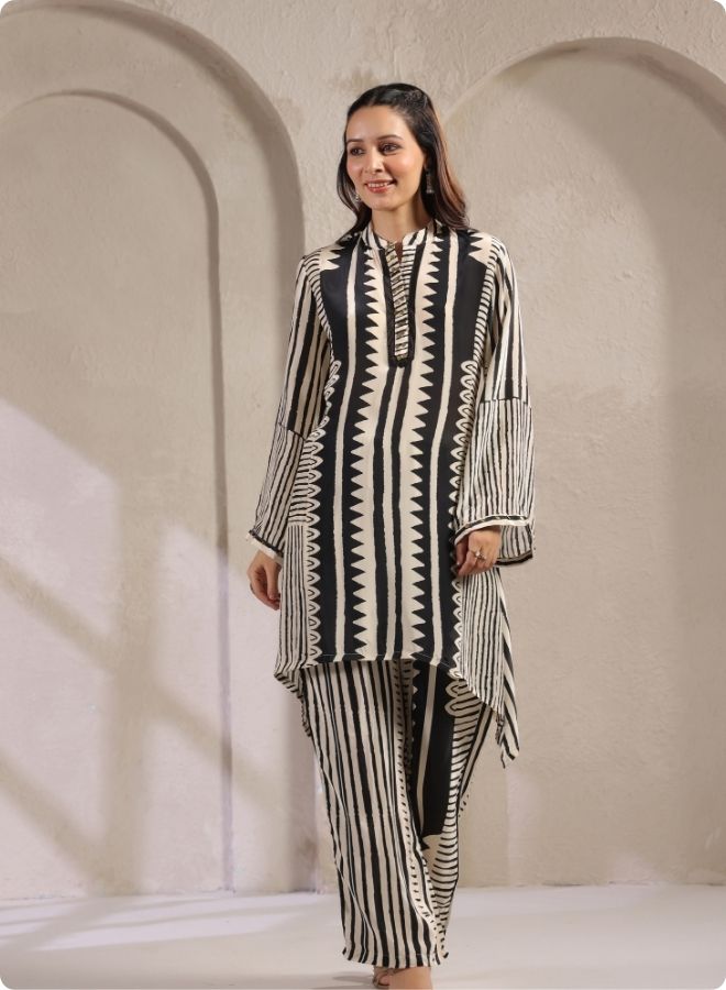 Black White Stripe Flared Kurta Set