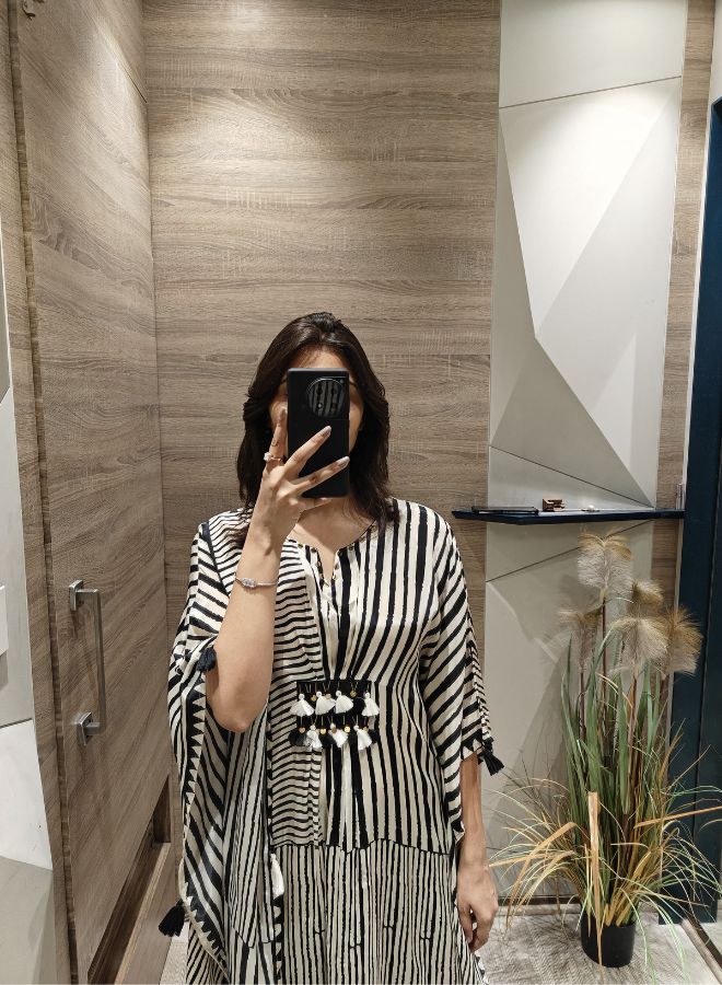 Black & White Striped Kaftan Co-ord Set with Tassel Detail