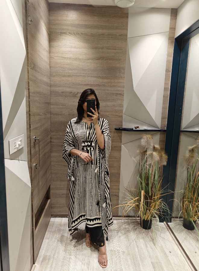 Black & White Striped Kaftan Co-ord Set with Tassel Detail