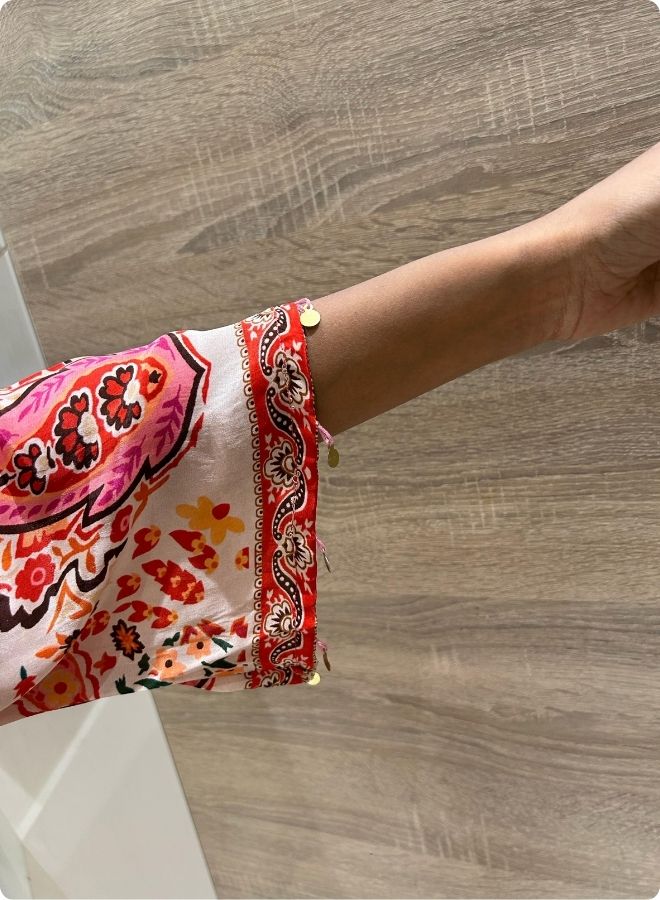 Elegant Printed Kurta Set in Cream & Coral