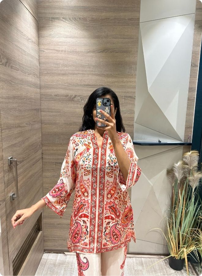 Elegant Printed Kurta Set in Cream & Coral