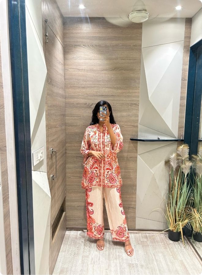 Elegant Printed Kurta Set in Cream & Coral