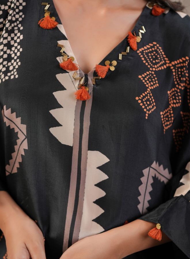 Black Geometric Print Kaftan Co-ord Set